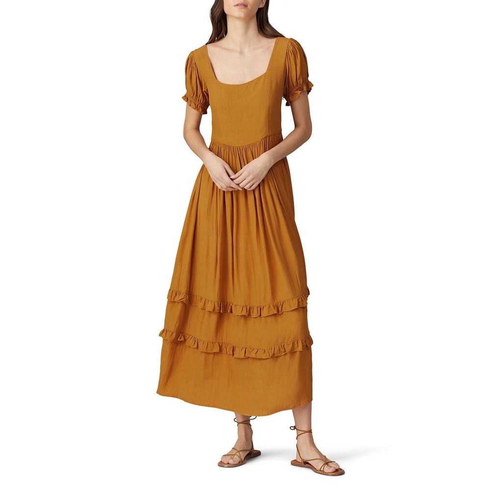 The Odells Eliza‎ Tiered Maxi Dress Sz S Gold Ruffles Scoop Neck Cottage Peasant